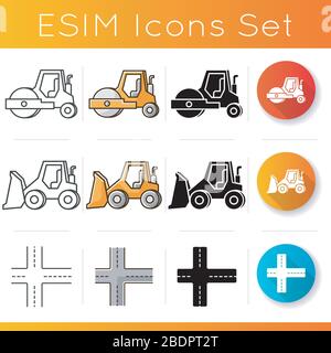 Road works icons set. Compactor type vehicle for construction works. Roadworks transportation. Roller truck, bulldozer. Crossroad way. Linear, black Stock Vector