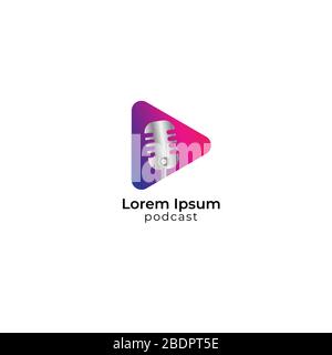Colorful podcast logo design template. Metallic retro microphone illustration with play button shape behind. Broadcasting, Host, Announcher, Anchor Stock Vector
