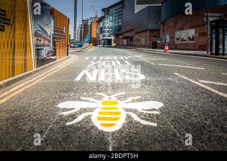 Thanks You NHS Road Markings at NHS Nightingale Hospital North West, Manchester, United Kingdom during Coronavirus Outbreak, April 2020. Stock Photo