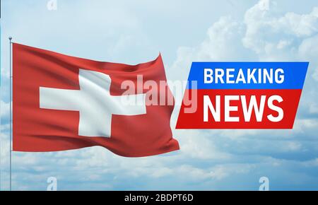 Breaking news. World news with backgorund waving national flag of Switzerland. 3D illustration. Stock Photo