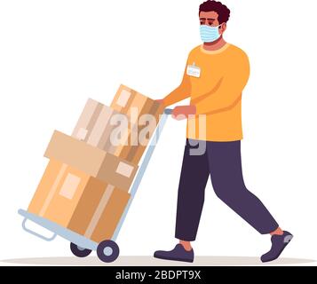 Delivery guy in surgical mask semi flat RGB color vector illustration. Courier with parcels isolated cartoon character on white background. Ordering Stock Vector