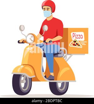 Delivery man in surgical mask semi flat RGB color vector illustration. Courier riding scooter isolated cartoon character on white background. Home Stock Vector