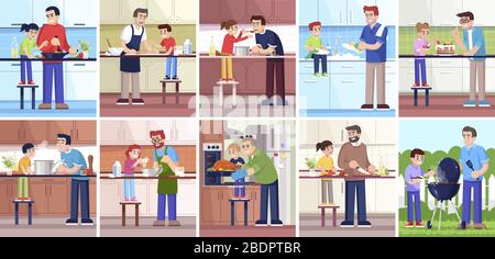 Cooking fathers and children, people in kitchen and outside flat vector illustrations set. Dads and kids preparing food together, family members 2D Stock Vector