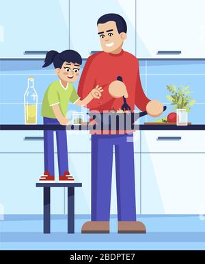 Father and daughter making salad together semi flat vector illustration. Male parent and female child preparing dinner, cooking family members 2D Stock Vector