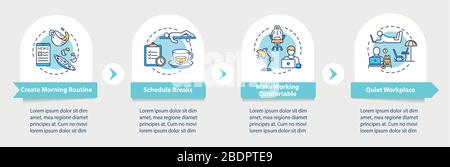 Home office, remote work tips vector infographic template. Schedule, workplace presentation design elements. Data visualization with 4 steps. Process Stock Vector
