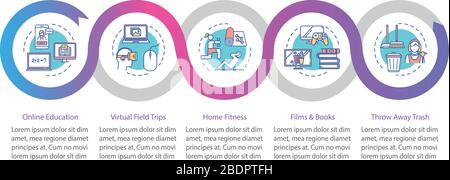 Quarantine home activity vector infographic template. Leisure and education presentation design elements. Data visualization with 5 steps. Process Stock Vector