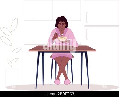 African american woman eating breakfast semi flat RGB color vector illustration. Dark skin girl enjoying oatmeal, cereals, muesli with milk isolated Stock Vector