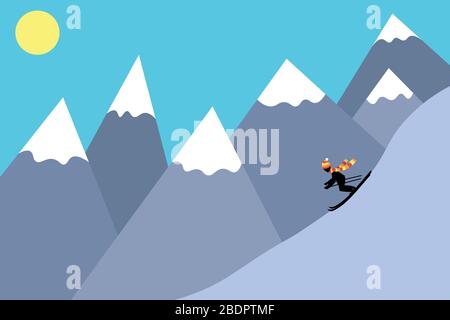 Ski resort. A man is rolling down the mountain. Striped scarf. Black silhouette. Minimalistic art. Winter fun. Stock Vector