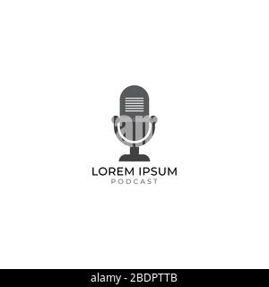 Monochrome podcast logo design concept. Gray retro microphone vector illustration isolated on white background. Broadcasting, Host, Announcher, Anchor Stock Vector