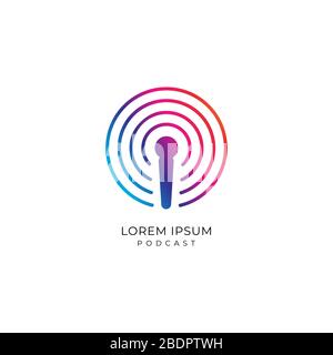 Colorful podcast logo design template. Microphone icon with signal wave illustration. Magenta, Purple, Blue Gradation Color Stock Vector