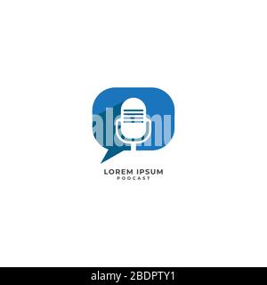 Minimal podcast logo design concept. Retro microphone illustration with blue call out shape or chatting icon behind. Broadcasting, Host, Announcher Stock Vector