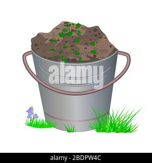 Metallic bucket with ground or fertilizers isolated on white background. Bucket with earth and compost in grass for planting. Zero waste. Stock vector Stock Vector