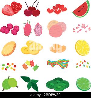 Set of sweets and fruits. Nuts and candies. Marmalade and berry. Additives to tea, coffee and desserts. Stock Vector