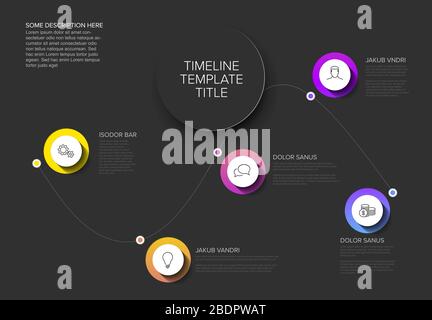Vector Infographic timeline template with curved line, circle buttons with shadow and various descriptions - dark color version Stock Vector