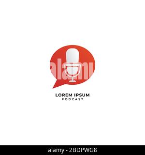 Minimal podcast logo design concept. Microphone illustration with orange call out shape or chatting icon behind. Broadcasting, Host, Announcher Stock Vector