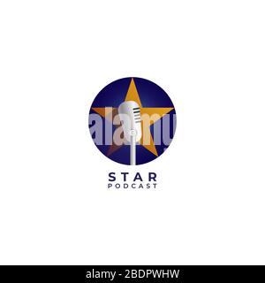 Podcast or stand up comedy logo design template. Retro microphone illustration with yellow star and blue ellipse shape behind. Broadcasting, Host Stock Vector