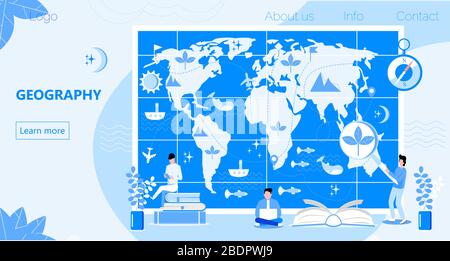 Atlas with metrics, compass, and oceans concept vector. Geographers study earth. Geography online and topography research illustration. Teacher in Stock Vector