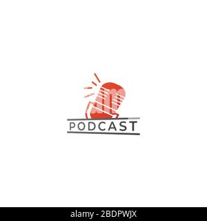 Minimal podcast logo design template. Floating orange retro microphone illustration isolated on white background. Broadcasting, Host, Announcher Stock Vector