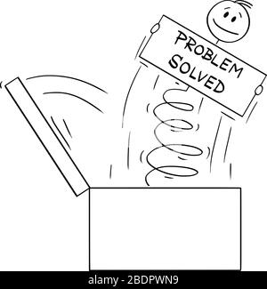Vector cartoon stick figure drawing conceptual illustration of man or businessman jumping on the spring out of the box with problem solved sign. Stock Vector