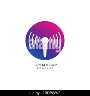 Colorful podcast logo design template. Microphone icon illustration with signal wave and ellipse shape behind. Magenta, Purple, Blue Gradation Color Stock Vector