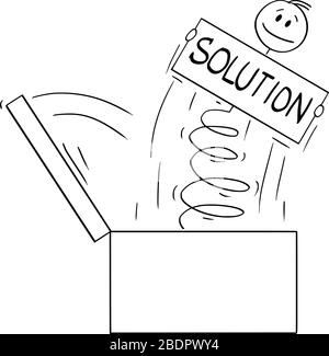 Vector cartoon stick figure drawing conceptual illustration of man or businessman jumping on the spring out of the box with problem solution sign. Stock Vector