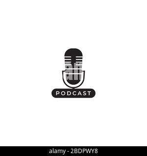 Minimal podcast logo design template. Silhouette microphone icon illustration isolated on white background. Broadcasting, Host, Announcher, Anchor Stock Vector