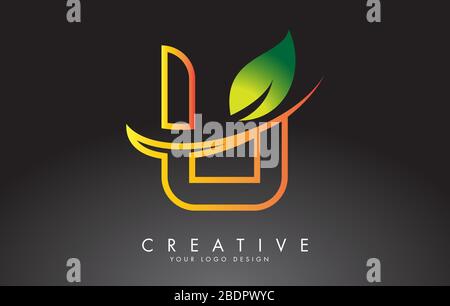Monogram U Letter Logo Design with Green Leaf. Eco and Organic Letter Vector Illustration. Stock Vector