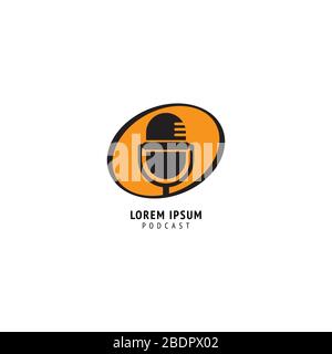Minimal podcast logo design template. Silhouette retro microphone icon illustration with yellow oval ellipse shape behind. Stand up comedy logo Stock Vector