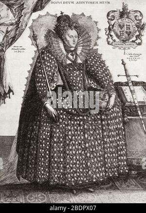 Elizabeth I, 1533 –  1603.  Queen of England and Ireland. From Modes and Manners, published 1925
