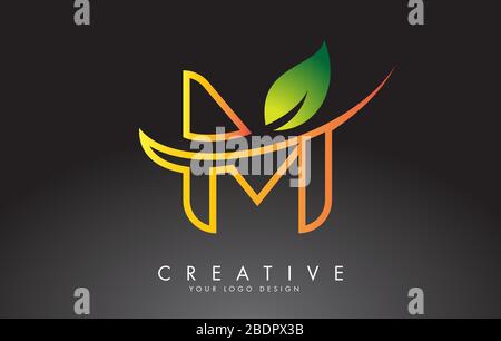 Monogram M Letter Logo Design with Green Leaf. Eco and Organic Letter Vector Illustration. Stock Vector