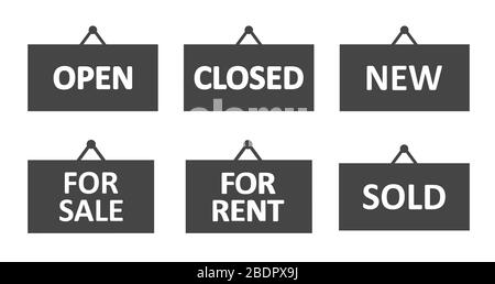 Hanging sign icon set, vector. Open, closed, new, for sale, for rent and sold words. Stock Vector
