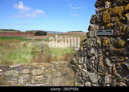 View north over the Berwickshire fields from a chamber of the ruined 16th century Greenknowe Tower near Gordon, Scottish Borders, UK Stock Photo