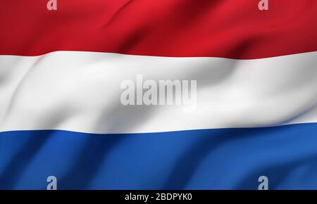 Flag of Netherlands blowing in the wind. Full page Dutch flying flag. 3D illustration. Stock Photo