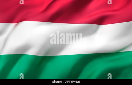 Flag of Hungary blowing in the wind. Full page Hungarian flying flag. 3D illustration. Stock Photo