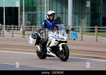 Helsinki, Finland. August 21, 2019. Motorcycle policeman in central Helsinki on the day of Russian President Vladimir Putin's visit. Stock Photo