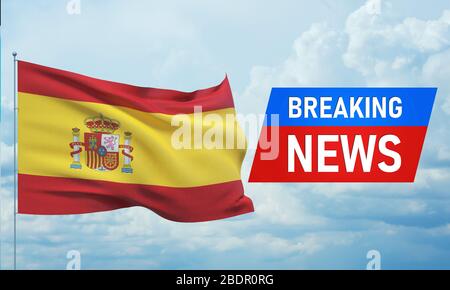 Breaking news. World news with backgorund waving national flag of Spain. 3D illustration. Stock Photo