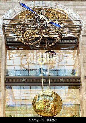 Moscow, Russia - 21 March, 2020. The clock in Central Children store in Moscow, This fifth biggest mechanical clock in the world, Stock Photo
