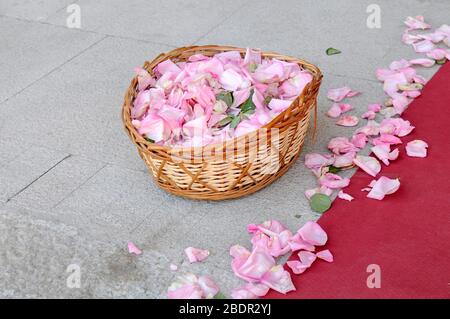 Pink rose petals in a basket and scattered on the floor next to a red carpet Stock Photo