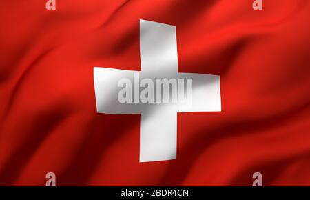 Flag of Switzerland blowing in the wind. Full page Swiss flying flag. 3D illustration. Stock Photo