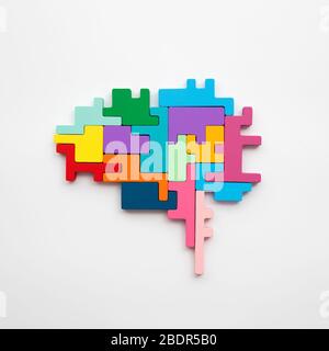 Brain shape made from wooden puzzle blocks. Locical thinking side of the brain