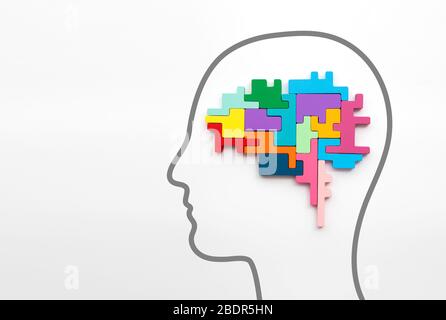 Logical brain concept. Brain made from omplex puzzle pieces in a human head Stock Photo