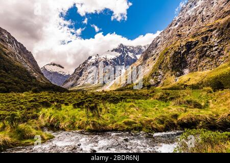 Panorama down the Hollyford Valley at Monkey Creek, Southland, New Zealand Stock Photo