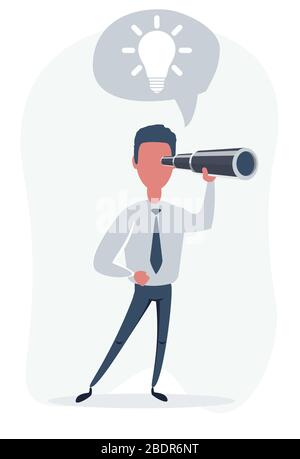 Concentrated businessman looking through the spyglass. Business vision and perspective planning concept. Stock Vector