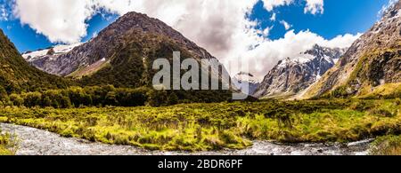 Panoramic view at Monkey Creek on the Hollyford River, Southland, New Zealand Stock Photo