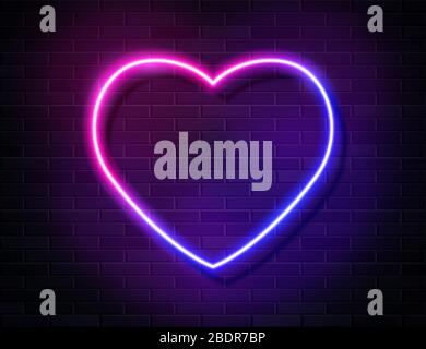Neon Iridescent Glowing Heart Banner on Dark Empty Grunge Brick Background. Stock Vector