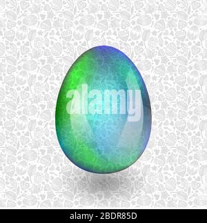 Glass easter multicolored egg with shadow on floral seamless ornamental Easter backgrround. Vector illustration for holiday design Stock Vector