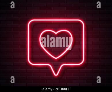 Neon Red Glowing Heart in Spech Bubble Banner on Dark Empty Grunge Brick Background. Stock Vector
