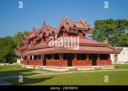 Wooden palace pavilion close-up on a Sunny day. Mandalay, Myanmar (Burma) Stock Photo