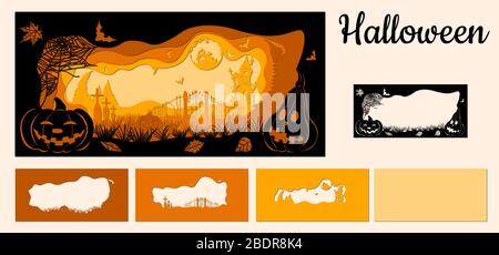 Template Halloween, pumpkin, spider web, bat, graves for to cut with a laser from paper. For decoration and design. Template for laser cutting and Plo Stock Vector