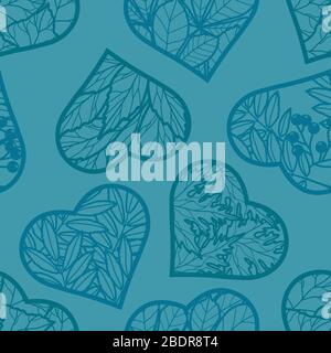 Seamless background. Leaves in the heart on a turquoise background. Vector image in contours. Silhouette of hearts with leaves Stock Vector